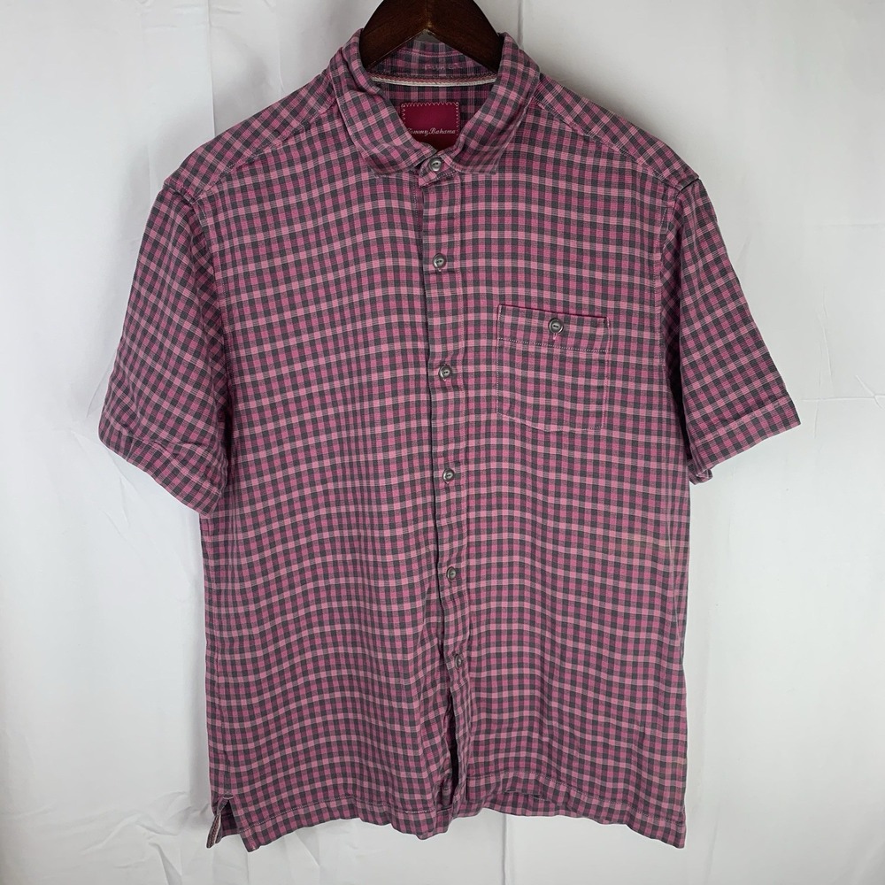 Tommy Bahama‎ 100% Silk Plaid Pink Short Sleeve Shirt Mens Size Large